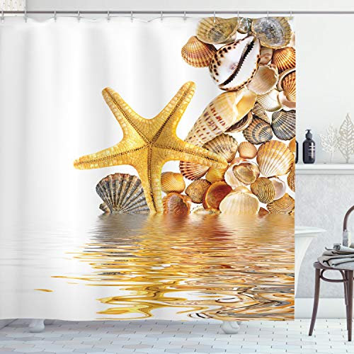 ABAKUHAUS Strand Duschvorhang, Muscheln und Seesterne, Stoffliches Gewebe Badezimmerdekorationsset mit Haken, 175 x 200 cm, Braun Gelb Creme