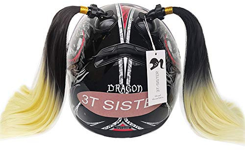 3T-SISTER Helm Pigtails Motorrad Helm Pferdeschwanz Zöpfe Helm Synthetisches Haar mit Saugnapf Dekoration 2 STÜCKE 14 Zoll Ombre schwarz bis blond Farbe + 2 STÜCKE Frei Klebstoff