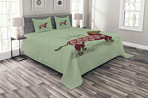 ABAKUHAUS Dackel Tagesdecke Set, Tier in Kleidung, Set mit Kissenbezügen Feste Farben, für Doppelbetten 264 x 220 cm, Zinnoberrot Beige