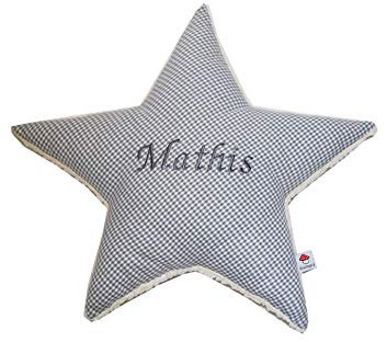 Glückspilz Dekokissen Kuschelkissen I Stern I Kissen mit Namen personalisiert I Geschenk zu Geburt, Geburtstag, Weihnachten (Grau Vichy)
