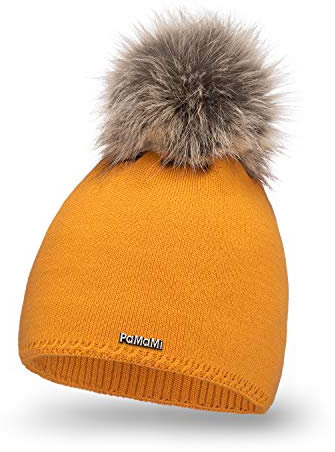 PaMaMi Damen Winter-Mütze mit Webpelz-Bommel | 3 Farben | Gr. 55-58 cm | Gefüttert, in Strickoptik | Feminine, sehr warme Strickmütze mit flauschigem Futter (Senfgelb)