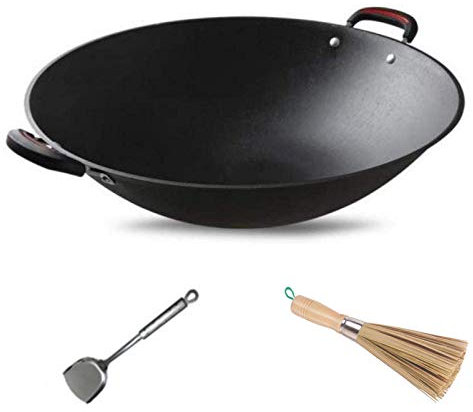 Gusseisen Wok Pfanne Grill Wok - Schwerer Runder Boden Wok Mit Topfbürste Und Spatel,36CM