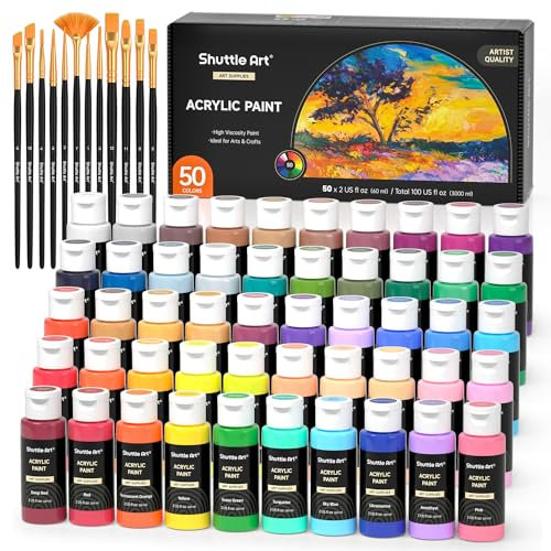 Shuttle Art Acrylfarben Set, 50 bunte Acryl Farben in Flaschen (je 60ml), hochpigmentiert, ungiftig, Acrylfarbe wasserfest für Künstler, Anfänger, Erwachsene auf Leinwand, Steine, Holz geeignet