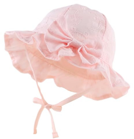 XIAOHAWANG Sommerhut Baby Mädchen UV Schutz Sonnenhut Mütze Baby Sommer Mützen Baumwolle Mit Schleife und Bindebändern (Rosa Stickerei, 50cm(1-2 Jahren))