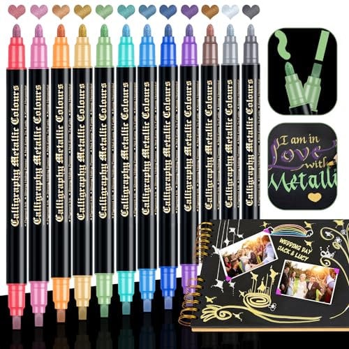 DAPAWIN Dual Tip Metallic Stifte Set, 12 Farben Metallic Marker, für Fotoalbum, Schwarzes Papier, Gästebuch, DIY Scrapbook, Steine, Karten, Goldstift zum Bemalen Keramik, Glas, Holz, Ostern Basteln