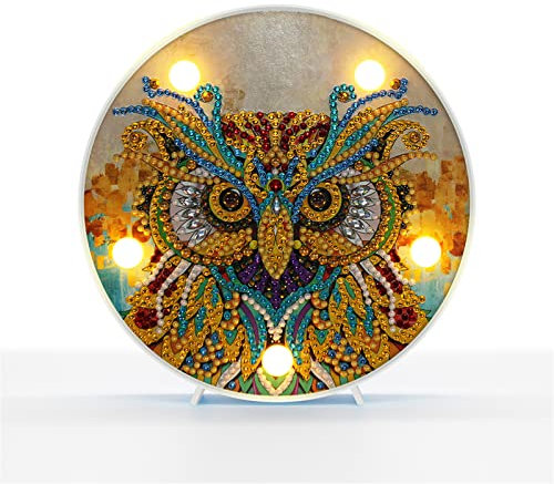 EXQULEG 5D DIY Diamant Malerei Diamond Painting Kit mit LED Nachtlichtern Dekoration Nachtlicht für Home Schlafzimmer Decoration (Eule gelb)
