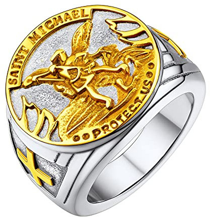 U7 Edelstahl Siegelring für Männer Jungen St. Michael der Erzengel Porträt Großer Ring Katholischer Schutzpatron Modeschmuck Accessoire für Vatertag Geburtstag(Ring Größe 62)