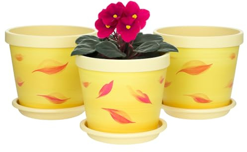 Home Garden Ornaments Plant Pots Indoor Outdoor Decorative Plastic Flower Pots with Saucer, Yellow Leaves Pattern – Set of 3, Indoor Plant Pot (22 cm / 8.7 inch)