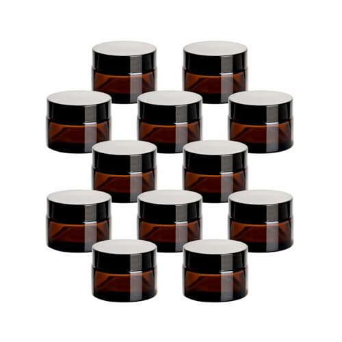 gouveo 12er Set Cremetiegel 15 ml aus Braunglas mit Schraub-Deckel schwarz - Leere Cremedose zum Nachfüllen - Mini Döschen für Creme, Kosmetik, Lotion - Kosmetik-Töpfchen für Reise und Handtasche