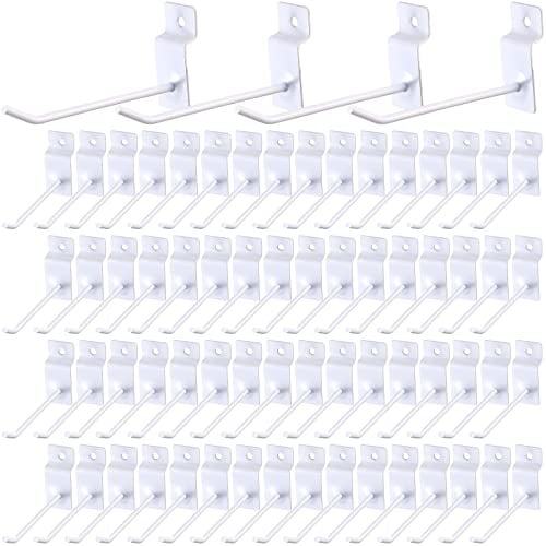 Moxweyeni 100 Stück Slatwall Haken Slatwall Zubehör Lamellenwandhaken Lamellenbretthaken Lamellenaufhänger Stecktafel Gitterwand Haken Display Haken für Einzelhandel Garage Organisation Weiß (10,2 cm)