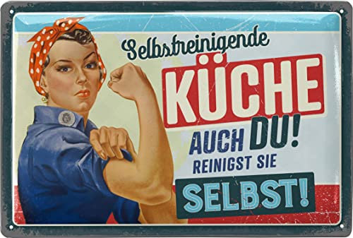 LANOLU Retro Blechschild Küche - Vintage Schild mit Spruch - KÜCHENREGELN SELBSTREINIGUNG - lustige Wanddeko Küche - Poster als Metallschild, 20x30 cm