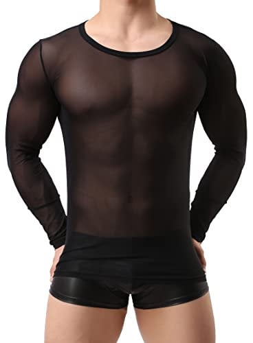 Drelaar Men's Round Neck Long Sleeve T-Shirt Sexy Mesh See Through Undershirt Small Black