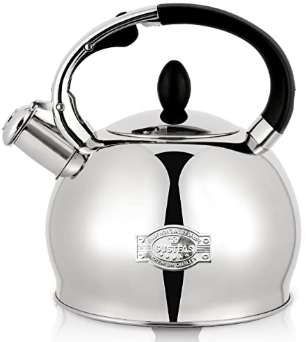 SUSTEAS Stove Top Whistling Tea Kettle - Food Grade Stainless Steel Teakettle Teapot with Cool Touch Ergonomic Handle, With 1 Silicone Pinch Mitt Included,2.64 Quart(SILVER)