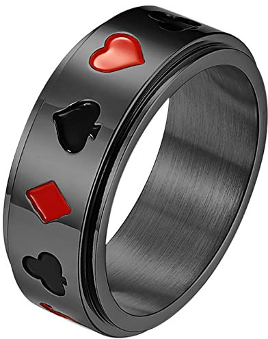 JewelryWe Schmuck Fidget Angst Ring Herren Damen Spielkarte Poker Spinnring Edelstahl Pik Herzen Pflaume Quadratische Karten Band Bandring mit Gravur, Schwarz Größe 67