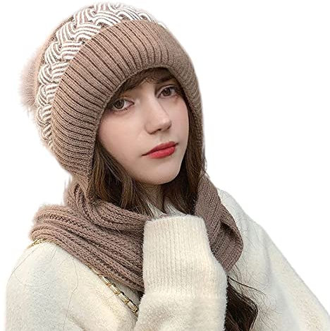 Eastern Wind mütze schal Set Dicke Damen Strickmütze, Mütze und Schal in einem. Doppelseitige Ausführung, Fleecefutter warm weich elastisch