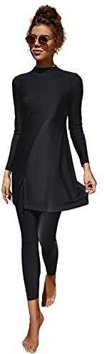 Modest Swimwear for Women, Burkini Swimwear for Ladies, Muslim Islamic Swimming Costume Full Body Swimsuit Long Sleeve Top Skirt and Pants Set Two Pieces Full Coverage Bathing Suit Black & Split XL