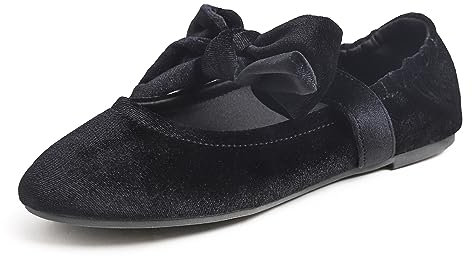 Feversole Mary Jane Lack Damenschuhe Flache Pumps geschlossen Bequeme Schuhe Samt Bogen schneiden Schwarz 36 EU