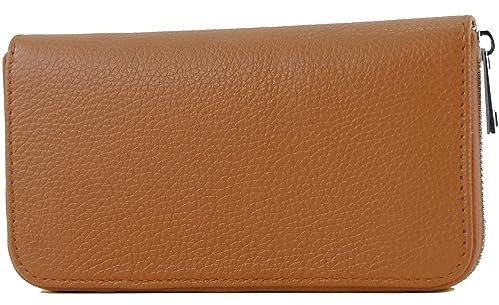 modamoda de SILBER-P02 Damen Leder Geldbörse Portemonnaie lang Handmade in Italy, Farbe:Cognac
