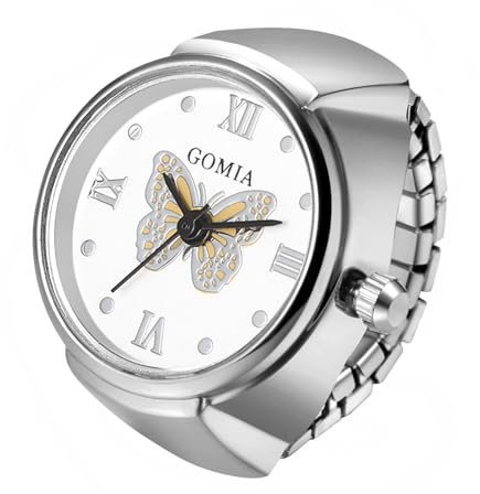 JewelryWe Ringuhr Fingeruhr Elastisch Schmetterling - Damen Analog Quarz Fingerringuhr Ring Uhr Uhrenring mit Gelb Schmetterling Römischen Ziffern Zifferblatt und Silber Legierung Elastisch Band