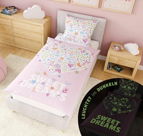 Carpe Sonno® Kinder Bettwäsche 135x200 Kinder [Leuchtet im Dunkeln] Rosa Herz + 10 Spiele | 100% Baumwolle in Oeko-Tex 100 Standard | Kinderbettwäsche Glow in The Dark | Bettwäsche Mädchen 135x200