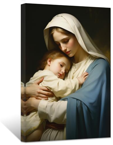 ZXHYWYM Jungfrau Maria Leinwandbilder Jesus Mutter Gemälde Drucke Katholische spirituelle Bilder Wanddekoration für Büro Kirche Gebetsraum Gerahmt (Bild-1, (30.00 x 45.00 cms))