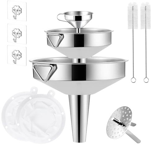 11 Stk Edelstahl Trichter Set, Trichter Küche Edelstahl mit 100/200 Mesh Filter und Abnehmbaren Sieb & 2 Reinigungsbürste, Trichter Set für die Übertragung von Flüssigen Zutaten (ø5.7/10/14cm)