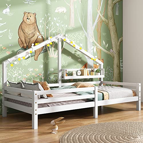 Hausbett Kinderbett mit Bücherregal - skandinavisches Design, Kiefernholz, 90x200 cm, weiß