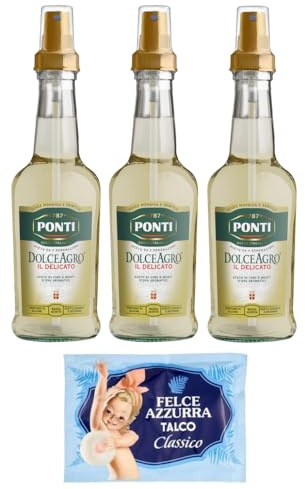 3er-Pack Ponti Essig Dolceagro Il Delicato Spray Weinessig Essig und aromatischer Traubenmost,250ml Glasflasche + 1er-Pack Kostenlos Felce Azzurra Talkumpuder, 100g-Beutel