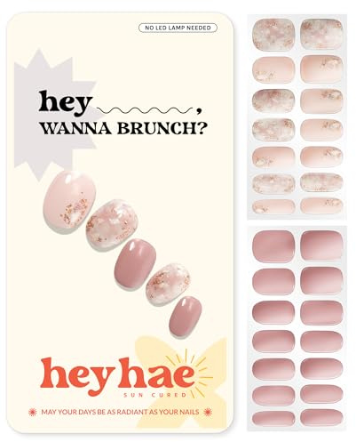 Heyhae Semi Cured Gel Nail Strips - Hey, Wanna Brunch? | Pink Glitter | Sun Cured No UV Light Needed, Salon Quality, Easy Apply & Remove | 28 Strips, Prep Pad, Nail File Wooden Stick
