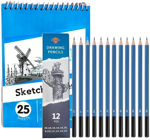 Corslet 13 Stück Künstler-Bleistifte für Skizzierstifte Zeichenstifte Set für Künstler 12 Stück Skizzenbleistift 8B 6B 5B 4B 3B 2B B HB 2H 3H 4H 5H Zeichenstifte mit 25 Blatt A5 Skizzenbuch