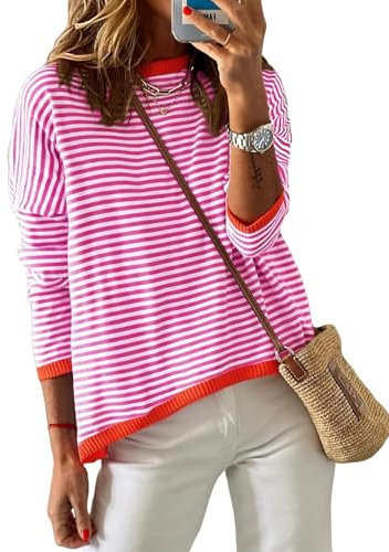 Cuptacc Damen Pullover Winter Baumwolle Oversized Gestreiftes Shirt Rundhalsausschnitt Langarm Tshirt Pink 2XL 50-52