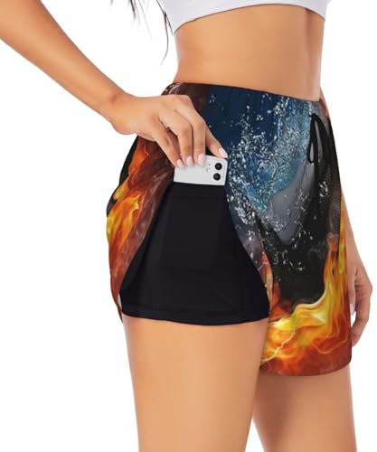 GrAtka Damen Workout Shorts, 2 in 1 Shorts Laufshorts Jogginghose für Fitnessstudio Yoga, Eishockey Feuer