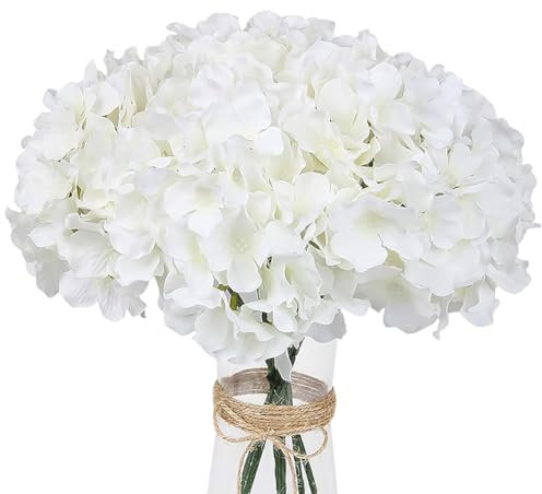 FSSTUD Lot de 10 fleurs d'hortensia artificielles en soie pour fête de mariage avec longues tiges - Blanc