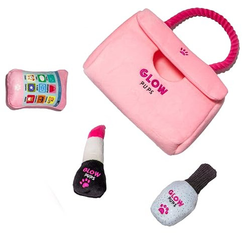 Glow Pups Hide and Seek Hundespielzeug, rosa Geldbörse, Plüsch-Hundespielzeug mit Quietscher, Knistermaterial & Seilgriff, interaktiver Plüsch-Lippenstift, Handy & Nagellack-Spielzeug für kleine Hunde