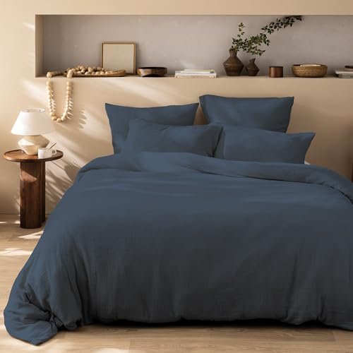 MATT & ROSE Housse de Couette Unie Double Gaze DE Coton 260x240cm | 100% Coton de qualité supérieure | Oeko-TEX | Housse de Couette 260x240cm | Bleu Paon