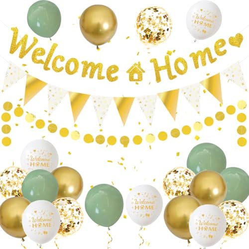 Willkommen Zuhause Deko Welcome Home Banner Welcome Back Girlande Herzlich Willkommen Zurück Dekoration für Zuhause Baby Geburt Showerparty (Grün Gold)