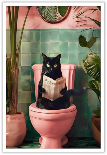 Horakey Poster chat mignon lisant un journal – Chat noir sur les toilettes, animal botanique rose – Art rose pour décoration murale de salon, chambre à coucher – 40,6 x 61 cm – Sans cadre