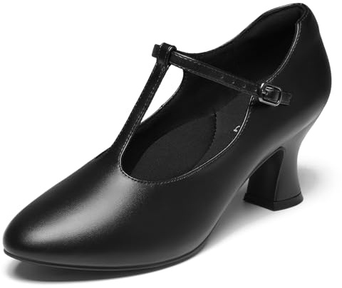 YESSA Women's Latin Ballroom Dancing Pumps T-Strap 2.5 Character Shoes 1920s Shoes for Salsa Folklorico Flamenco Dancing Low Heels Black 7.5