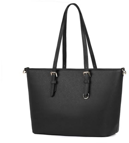 AOSSTA Womens Handbag Tote Bag Multi Compartment Zip Shoulder Bag Stylish Black Large Handbag for School College Travel 16 inch (Black with Zip)