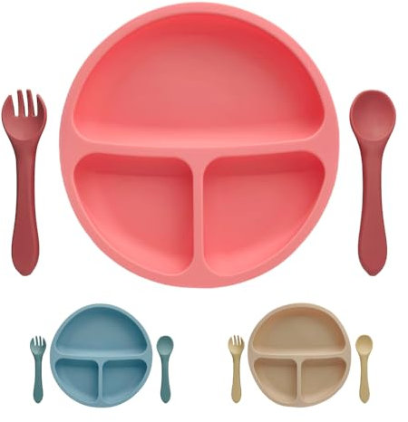 Set Repas Assiette Ventouse + Couverts pour Bébé | Cadeau de Naissance | Cadeau Enfant et Bébé | Kit Diner | Pack Plat Cuillère Fourchette 100% Silicone sans BPA (Rose)