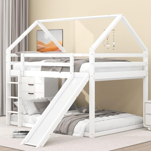 NLDGR Kinderbett Etagenbett 140x200 cm, Hochbett für 2 Kinder, Hausbett mit Rutsche und Leiter, Baumhaus mit Rausfallschutz und Lattenrost, Doppelbett Stockbett Spielbett Jugendbett (Weiß)