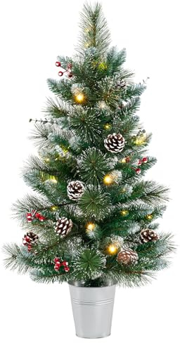 COSTWAY Mini Árbol de Navidad con Luces 90cm, 20 Luces Blancas Cálidas, 8 Modos, Temporizador, 81 Puntas de PVC y Pino, 5 Piñas y 8 Bayas Rojos, Árbol de Navidad Nevado Pequeño de Mesa/Escritorio