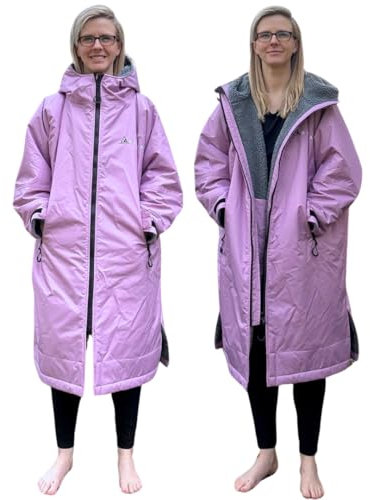 Wasserdichter Wickelmantel für Erwachsene, superweiches Fleecefutter, winddicht, wasserdicht bis 10.000 mm, übergroßer Mantel zum Umziehen, Schwimmen und Wassersport, mit Kompressionsriemen, Flieder