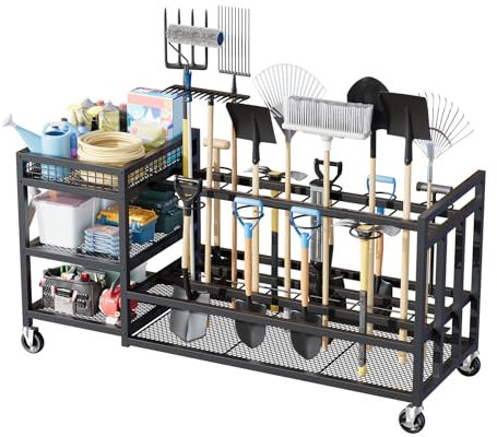 HavenlyYouth Garden Tool Organizer with Wheels, Yard Tool Rack with Storage Hooks for Long-Handled Tools/Rakes/Brooms/Shovels, Heavy Duty Metal Garden Tool Storage for Garage, Shed, Garden, Black