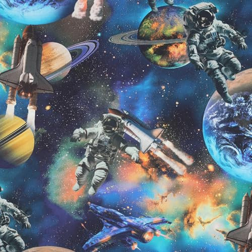 VmG-Store Baumwollstoff Meterware 140cm Breite Stoffe zum Nähen Nähstoff Kinderstoff für Kissen Babykleidung Kinderkleidung DIY (Weltall Astronaut Digital Navy Bc031)