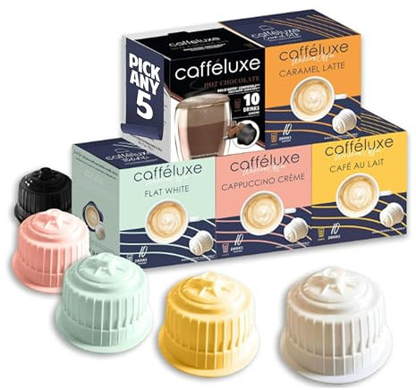 Caffeìluxe Coffee Pods - Compatible with Dolce Gusto Machine Pod - Pick Any 5 Packs from 6 Flavours (Cappuccino, Caramel Latte, Cafe Au Lait, Hot Chocolate, Flat White, Skimmed Milk) - Coffee Capsules