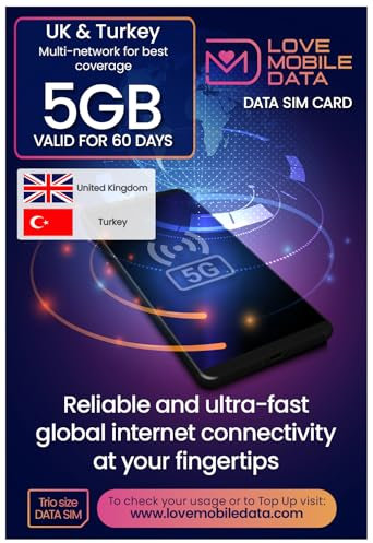 Love Mobile Data Only Sim Card - International Multi-Network 4G/5G Prepaid Pay As You Go Data Sim for Mobile Phones, WiFi Routers, & More, UK & Turkey Coverage, 5GB for 60 Days