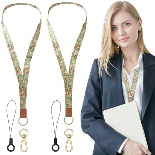 LUFFLOK Umhängeband mit Blumenmuster, für Damen und Mädchen, Kartenhalter und Schlüsselband, 2 x 43 cm, Büro- und Schuleverwendung, 2 Stück