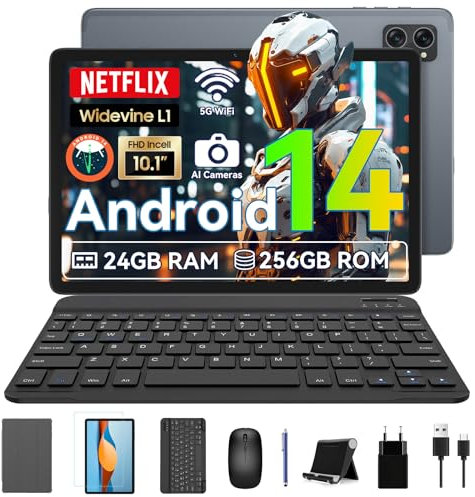 BESTTAB 2025 Tablet 10 Inch Android 14 with Gemini AI, 24GB+256GB, FHD Display, 2TB Expandable, Tablet with Keyboard & Pen, 5G WiFi, Octa-Core, Widevine L1, GPS, 2-Year Warranty-Grey