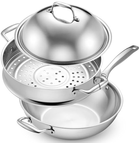 Legend COOKWARE 5-Ply Stainless Steel Wok Set, 12-Inch 5-Quart with Lid and Steamer - Induction Compatible, Oven Safe 800°F - Non-Toxic, No Coatings - Even Heating - Built to Last Generations